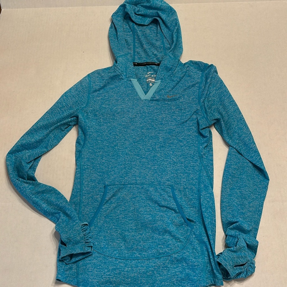 Nike Running Dri Fit Long Sleeve Blue Knit Hoodie Thumb Hole Mitts Reflective